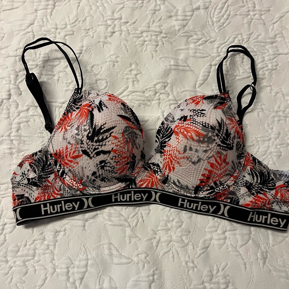 Hurley Black and Red Wireless Bra with Adjustable Straps